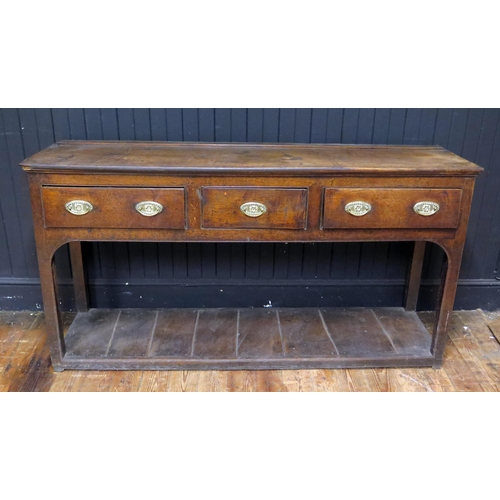 399 - Early 19th Century Oak Pot Board Dresser with open delft rack, the molded cornice above two shelves,... 