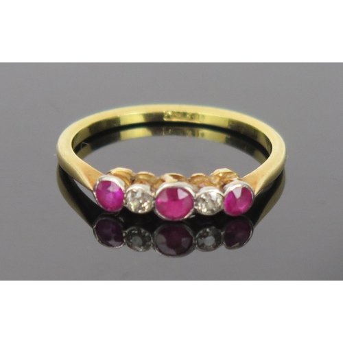 4 - Ruby and Diamond Five Stone Ring in an 18ct stamped gold setting, size M, 1.1g