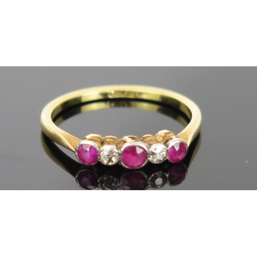 4 - Ruby and Diamond Five Stone Ring in an 18ct stamped gold setting, size M, 1.1g