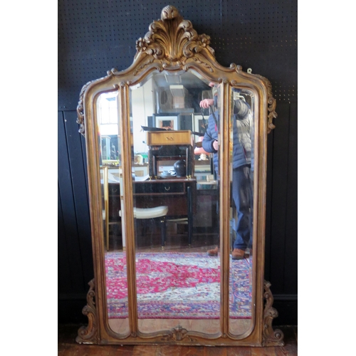 400 - 19th Century Gilt Gesso Framed Triptych Pier Mirror with bevelled glass and plume of feathers surmou... 