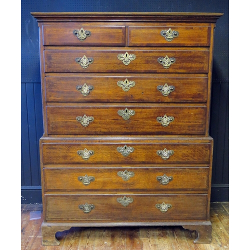 402 - Late 18th Century Cottage Oak Chest on Chest, the molded cornice above two short and three long grad... 