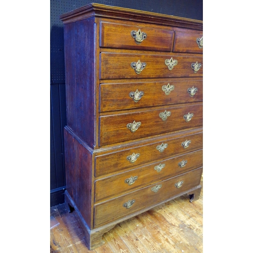 402 - Late 18th Century Cottage Oak Chest on Chest, the molded cornice above two short and three long grad... 