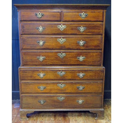 402 - Late 18th Century Cottage Oak Chest on Chest, the molded cornice above two short and three long grad... 