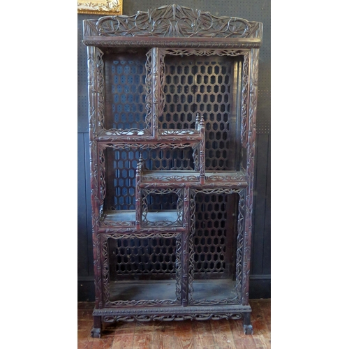 404 - Early 20th Century Chinese Carved Hardwood Porcelain Display Cabinet, probably Zitan, carved simulat... 