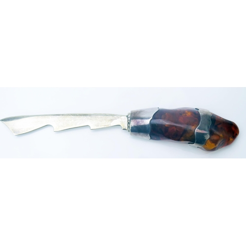 48 - Amber Handled Sterling Silver Paperknife, 21cm long