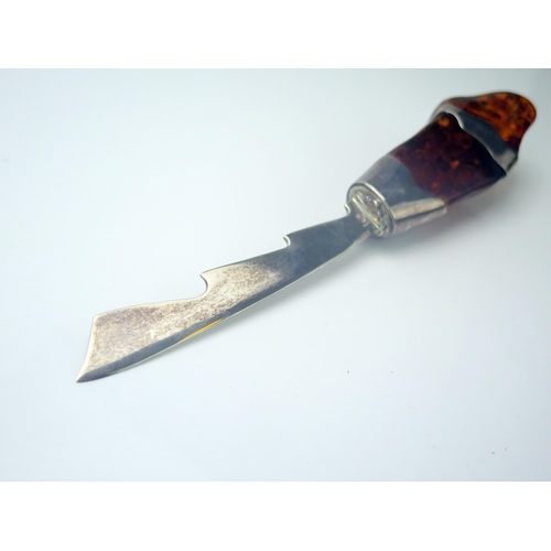 48 - Amber Handled Sterling Silver Paperknife, 21cm long