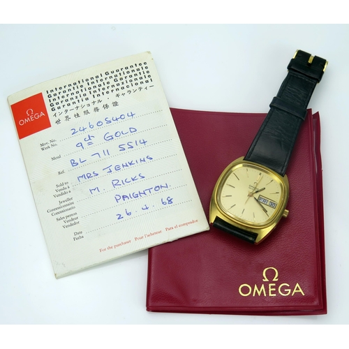 51 - Omega Gent's Gold Plated Quartz Wristwatch with Omega leather strap, plastic sleeve of paperwork. Ne... 