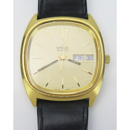 51 - Omega Gent's Gold Plated Quartz Wristwatch with Omega leather strap, plastic sleeve of paperwork. Ne... 