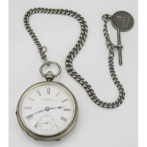 58 - A.W.W.Co. Waltham Silver Cased Open Dial Fob Watch, 53mm case, Birmingham 1898, sold with silver Alb... 