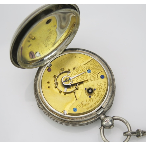 58 - A.W.W.Co. Waltham Silver Cased Open Dial Fob Watch, 53mm case, Birmingham 1898, sold with silver Alb... 