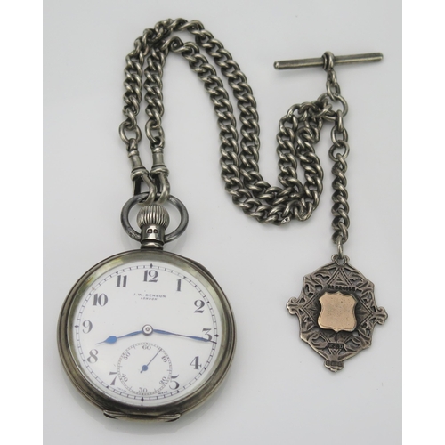 59 - J.W. Benson Silver Cased Open Dial Keyless Pocket Watch, Birmingham 1934, 50mm case, sold with silve... 