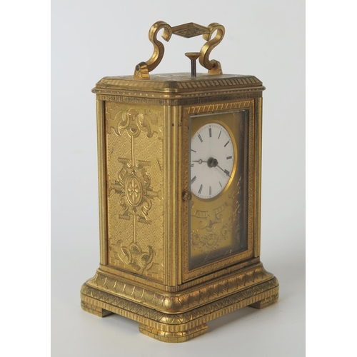 63 - Bourdin, Paris, a 19th century brass carriage clock with 2.5cm enamel Roman dial, the movement with ... 