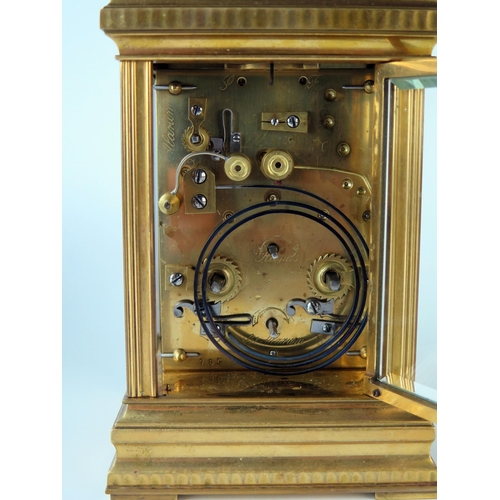 64 - A late 19th century French brass carriage clock, with 8cm Roman dial with subsidiary alarm dial, the... 