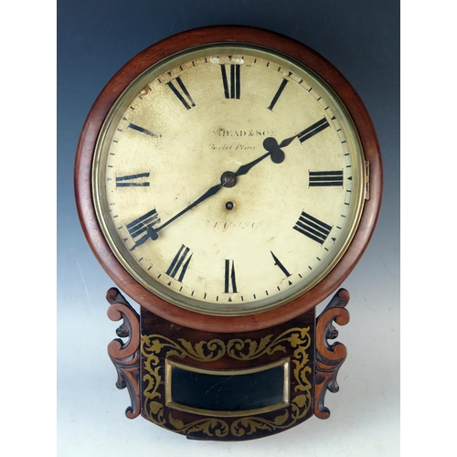 72 - A 19th century mahogany and brass inlaid  drop dial wall timepiece with 29cm painted Roman dial, ind... 