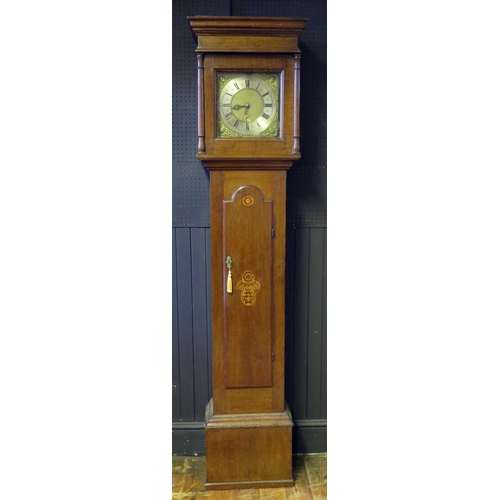 75 - John Joyce, Ellesmere, an early 19th century oak and inlaid longcase clock, with square hood, the ar... 