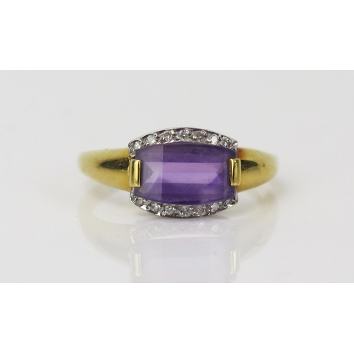 8 - Amethyst and Diamond Dress Ring in an 18ct hallmarked setting, 10x7mm slice cut amethyst, size P.5, ... 