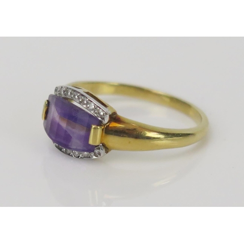 8 - Amethyst and Diamond Dress Ring in an 18ct hallmarked setting, 10x7mm slice cut amethyst, size P.5, ... 