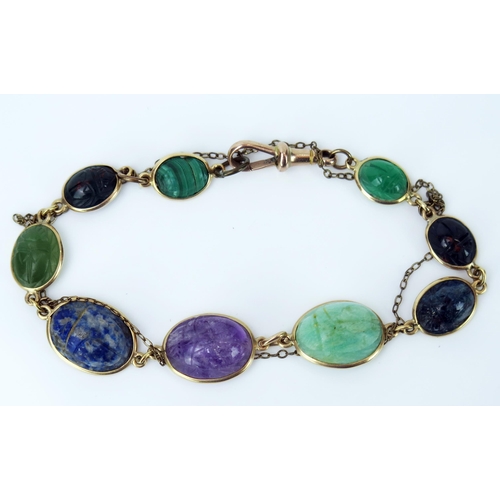 9 - Multi Stone Scarab Beatle Bracelet in a 9ct stamped setting set with amethyst, lapis lazuli, jadeite... 