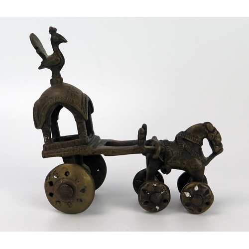 394 - Indian Bronze Wheeled Horse and Carriage with bird, 12.5cm long