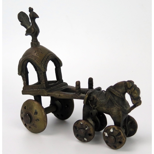 394 - Indian Bronze Wheeled Horse and Carriage with bird, 12.5cm long