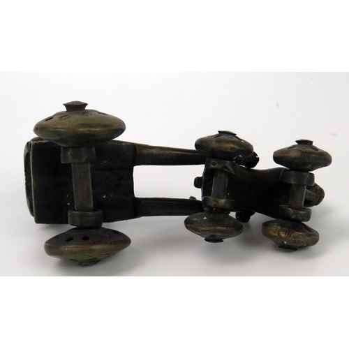 394 - Indian Bronze Wheeled Horse and Carriage with bird, 12.5cm long