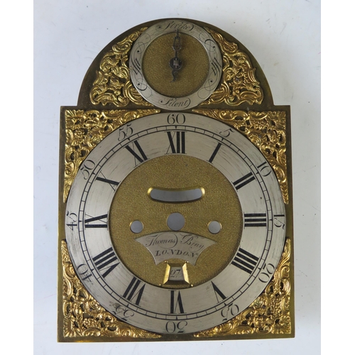 70 - Thomas Bray, London, a mid 18th century ebonised bracket clock, the case with inverted bell top and ... 