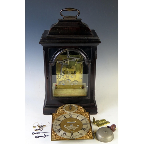 70 - Thomas Bray, London, a mid 18th century ebonised bracket clock, the case with inverted bell top and ... 