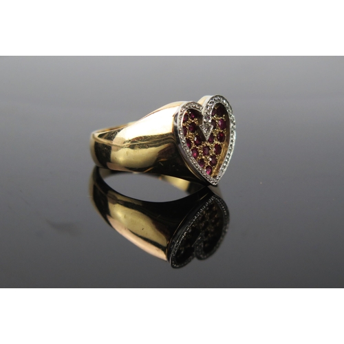 1053 - A Ruby and diamond set 9ct Gold Heart Signet Ring, stamped 9ct, 9.5g total, ring size U/V.