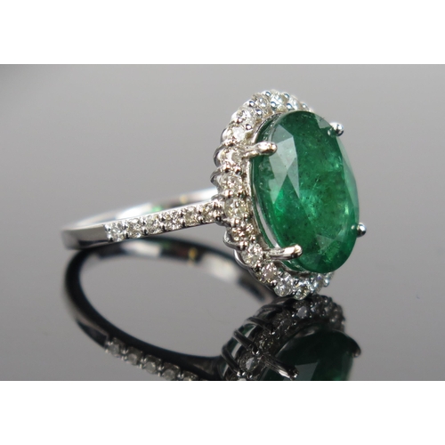 1060 - An Emerald, Diamond 18k White Gold engagement ring, central stone 13x10mm, surround by small diamond... 