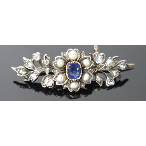 1064 - An Early 19th Century, Sapphire, Diamond and untested Split Pearl Sprig Brooch, silver on gold mount... 