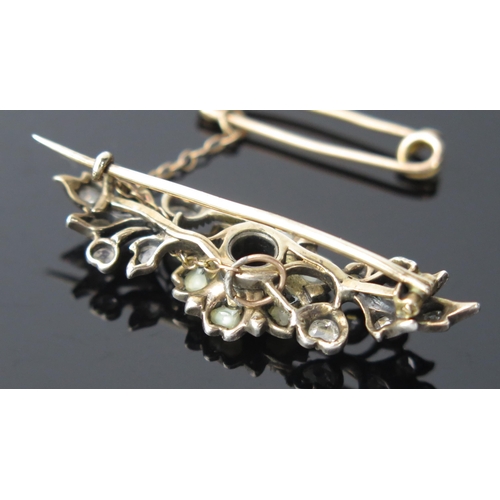 1064 - An Early 19th Century, Sapphire, Diamond and untested Split Pearl Sprig Brooch, silver on gold mount... 