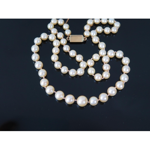 1065 - A Pearl Necklace, of 61 pearls knotted on silk, largest approximately 9mm, 49.5cm long, unmarked gol... 