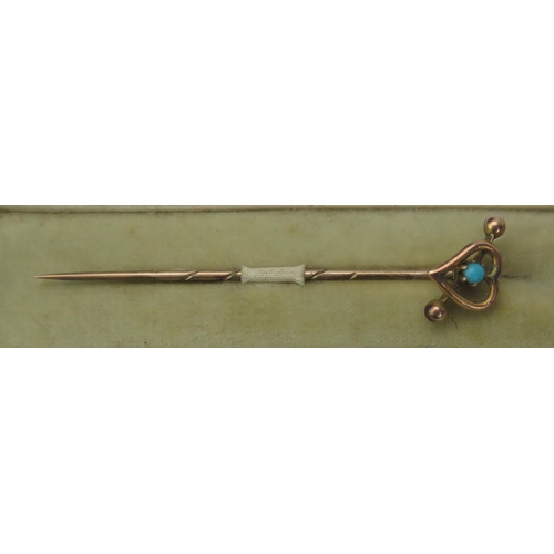 1086 - A late Victorian 9ct gold stock pin, with heart shaped motif and turquoise bead.