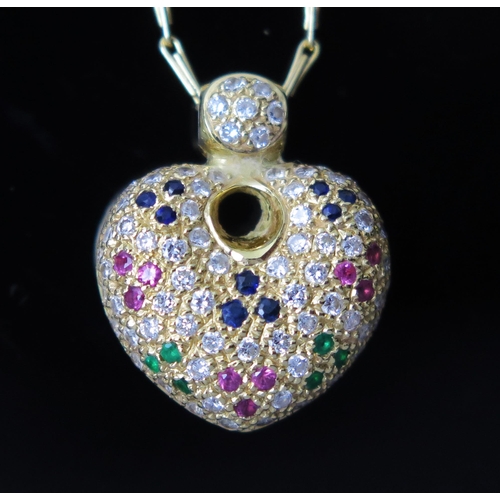 1099 - A modern 18ct gold and coloured stone heart shaped pendant and 18ct gold chain, gross weight 6.8g.