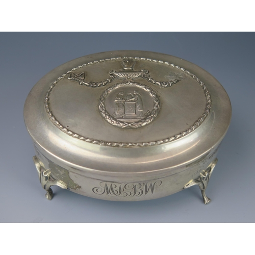 1119 - An Edward VII silver jewellery casket, maker William Comyns Sons, London, 1905, initialled, of oval ... 