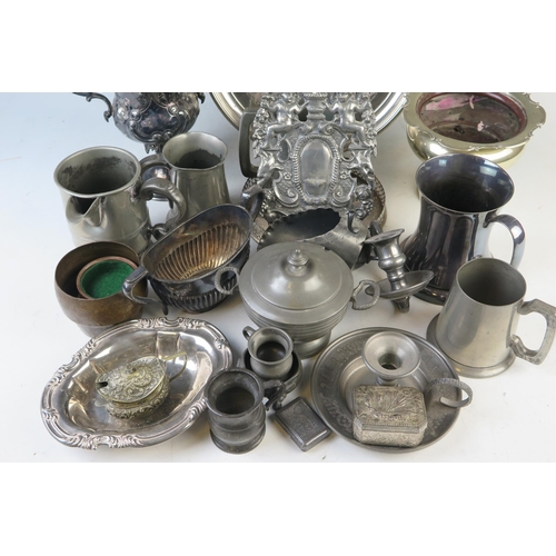 1183 - A collection of assorted plated and pewter wares including; trophy cup, salver, sugar basin, mugs et... 