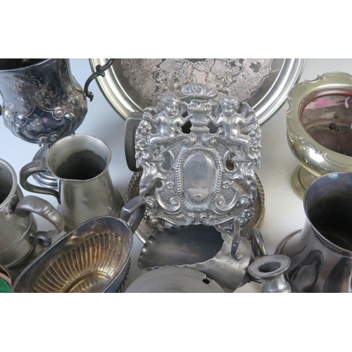 1183 - A collection of assorted plated and pewter wares including; trophy cup, salver, sugar basin, mugs et... 