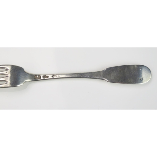 1208 - A late 18th/early 19th century continental silver table fork, stamped marks, 19cm long, 58gms,  1.87... 