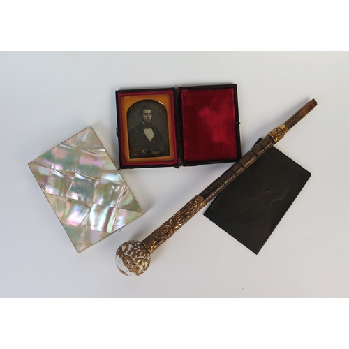 1424 - Daguerreotype  Portrait of a Gentleman in leather case, mother of pearl card case (A/F), bronze plaq... 