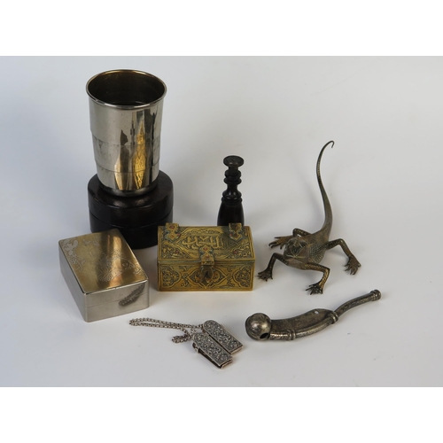 1426 - Bronze Alloy Lizard with inset glass eyes, two brass boxes, Royal Navy bosun's whistle, desk seal, e... 