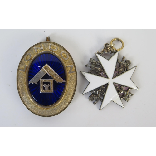 1428 - Two Masonic medals, enamel and silver Maltese cross Edinburgh silver together with a oval silver gil... 