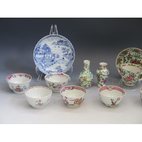 1661 - A Cantonese famille vert porcelain cup and saucer, two miniature vases 8cm and 9cm high, a blue and ... 