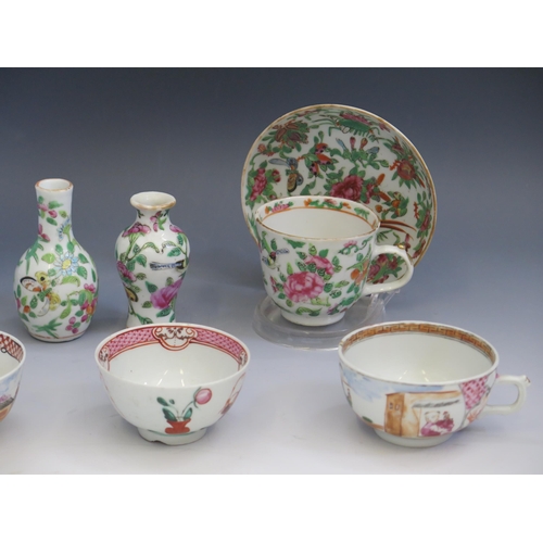 1661 - A Cantonese famille vert porcelain cup and saucer, two miniature vases 8cm and 9cm high, a blue and ... 