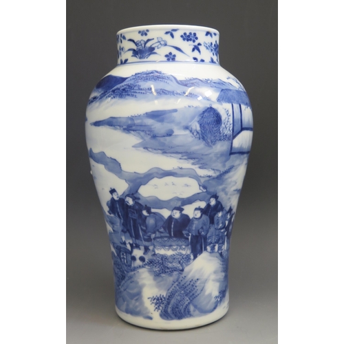 1665 - A 19th century Chinese vase of ovoid form with blue and white decoration of figures seated in a gard... 