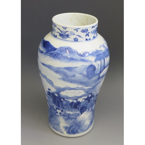 1665 - A 19th century Chinese vase of ovoid form with blue and white decoration of figures seated in a gard... 