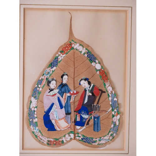 1676 - A Chinese Peepal leaf with painted decoration depicting Yuenu seated with her bow and arrows with at... 