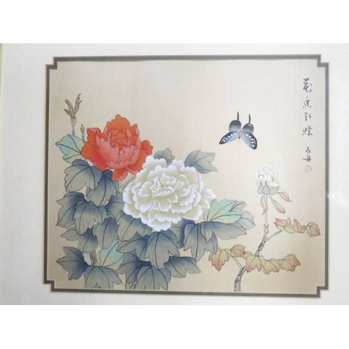 1680A - A Chinese circular painting of butterfly and chrysanthemums, 29cm diameter, together with another pa... 