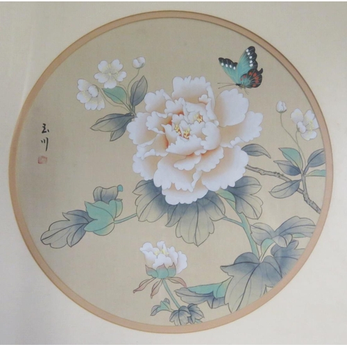 1680A - A Chinese circular painting of butterfly and chrysanthemums, 29cm diameter, together with another pa... 