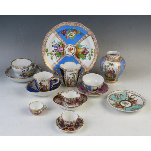 1874 - A collection of German porcelain cabinet cups and saucers, vase and plate, together with assorted En... 