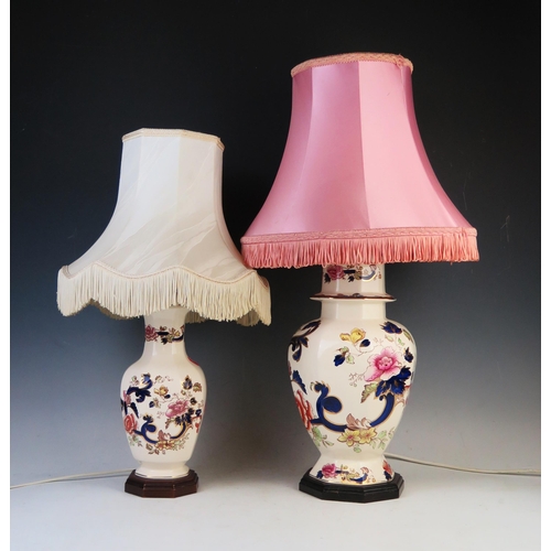 1878 - A Masons Ironstone table lamp of octagonal baluster form, with floral decoration in the Imari palett... 